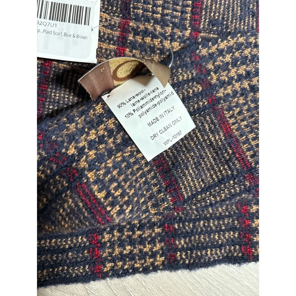 NWT Le Pommier by Olimpia Plaid Scarf Blue‎ Brown Red Wool Blend Made in Italy
